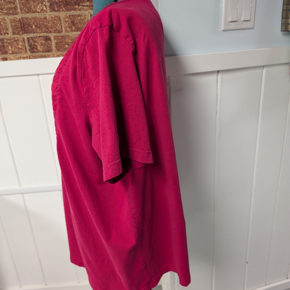 Easy Essentials Eyelet Yoke Red, Woman Plus Size 3X, 100% Cotton Tee - Picture 5 of 12